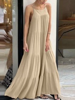 Women Solid Tiered Casual Spaghetti Strap Maxi Dress