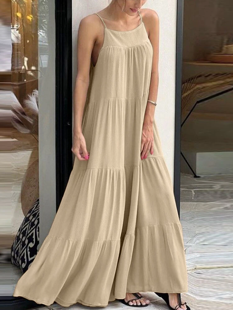 Women Solid Tiered Casual Spaghetti Strap Maxi Dress 1 Women Solid Tiered Casual Spaghetti Strap Maxi Dress