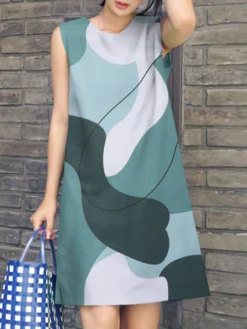 Women Abstract Color Block Print Crew Neck Sleeveless Dress -Zanzea Shop 15ebff63 6a55 44dc 8f7c 66289d3f306b