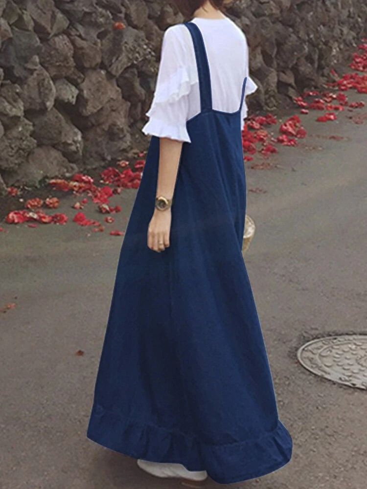 Denim Ruffle Straps Button Sleeveless Plus Size Maxi Dress 9 Denim Ruffle Straps Button Sleeveless Plus Size Maxi Dress - Image 9