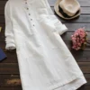 Solid Stand Collar Long Sleeve Pocket Button Vintage Dress