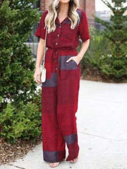 Plaid Button Pocket Drawstring Lapel Casual Jumpsuit -Zanzea Shop 1609f730 3baa 4e02 beb6 bd9a57b411ce