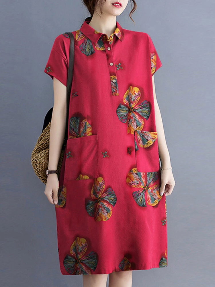 Flower Print Button Pocket Casual Cotton Midi Dress 3 Flower Print Button Pocket Casual Cotton Midi Dress - Image 3