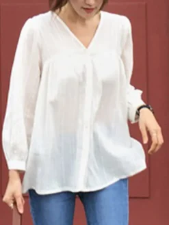Solid Pleated Textured V-neck Button Long Sleeve Blouse -Zanzea Shop 162bb9d3 e529 4328 89c0 ab3975381c01