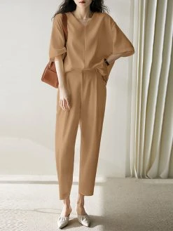 Women Solid Half V-neck Pocket Two Pieces Suit -Zanzea Shop 164c3e59 8284 4572 b550 a69e4d3d658c