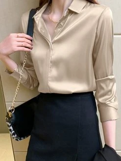 Solid Satin Button Lapel Long Sleeve Shirt -Zanzea Shop 164f1142 93be 447e a0d2 a8d802c7f69c