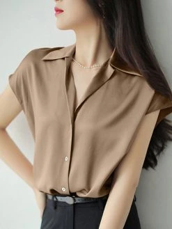 Solid Satin Button Lapel Short Sleeve Women Shirt -Zanzea Shop 1655446d 0db5 4a74 91bc fe8be4c26bb5
