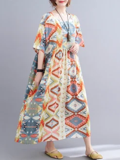Painted Geometry Print Loose 3/4 Length Sleeve O-neck Vintage Dress 16 Painted Geometry Print Loose 3/4 Length Sleeve O-neck Vintage Dress -Zanzea Shop 16815411 d300 4b5c 9613 cc927da8b094