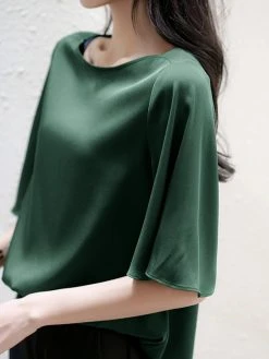 Satin Solid Ruffle Sleeve Boat Neck Women Blouse -Zanzea Shop 168a6451 0f2c 4efd bd57 4a7a7eacad96