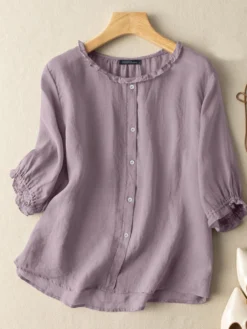 Lettuce Edge Crew Neck Solid Button 3/4 Sleeve Blouse -Zanzea Shop 1691329b 19a6 48b7 a092 ab5036997d9c