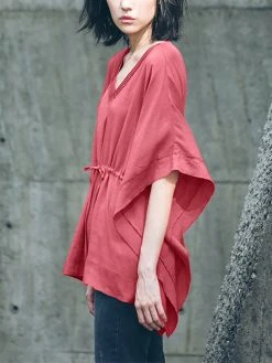 Solid Loose Drawstring Waist V-neck Dolman Sleeve Blouse -Zanzea Shop 1697f106 3815 4b24 93d0 d3df5a23ea78