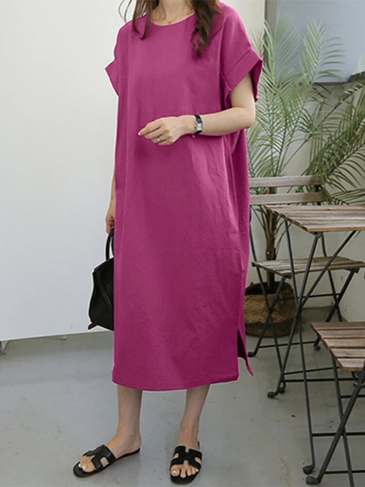 Leisure Solid Slit Hem Ruched Short Sleeve Maxi Dress 5 Leisure Solid Slit Hem Ruched Short Sleeve Maxi Dress - Image 5