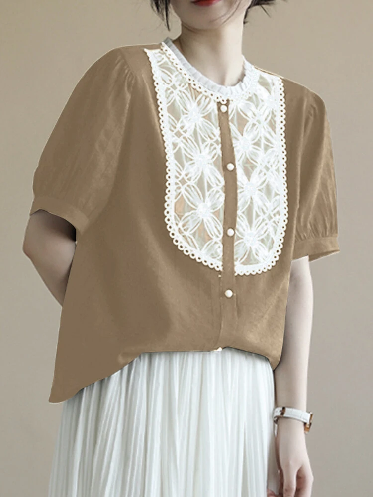 Contrast Embroidery Short Sleeve Pearl Button Blouse 4 Contrast Embroidery Short Sleeve Pearl Button Blouse - Image 4