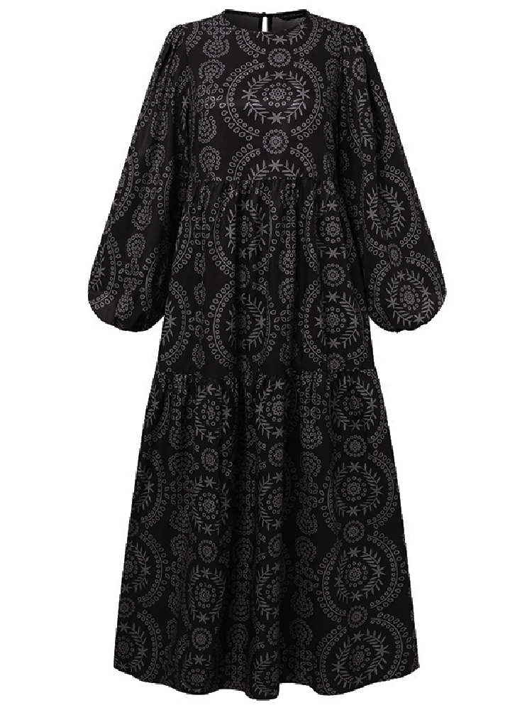 Print O-neck Puff Sleeve Plus Size Casual Dress For Women 4 Print O-neck Puff Sleeve Plus Size Casual Dress For Women - Image 4