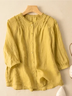 Women Plain Frill Neck Button Front Cotton Puff Sleeve Shirt -Zanzea Shop 16f008d3 c799 49f8 8ef1 7a6238f4ef95