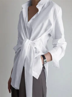 Solid Color Wrap Lapel Long Sleeve Shirt For Women