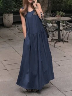 Solid Crew Neck Casual Sleeveless Denim Maxi Dress -Zanzea Shop 1728aa96 a1a3 49d5 b9a7 e117c7ba035f