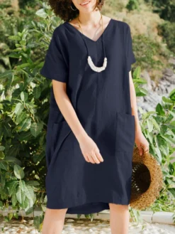 Solid Short Sleeve Pocket V-neck Dress For Women -Zanzea Shop 1735ebc2 32d4 477f 98f6 8841be2cf77b