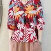 Women Plant Leaf Print V-Neck Half Button Vacation Blouse