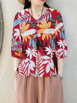 Women Plant Leaf Print V-Neck Half Button Vacation Blouse