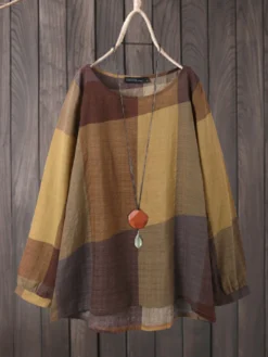 Plaid Print O-neck Long Sleeve Asymmetrical Blouse For Women