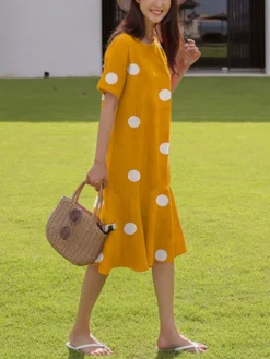 Dot Print Ruffle Hem Short Sleeve Crew Neck A-line Dress -Zanzea Shop 174e0a84 e5b2 41ee 8f61 3a5614b30fdc