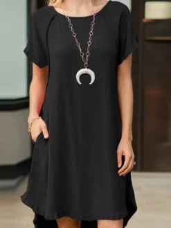 Women Solid Crew Neck Ruffle Trim Casual Short Sleeve Dress -Zanzea Shop 17608dfa b638 4870 88bc 15777edc33e8