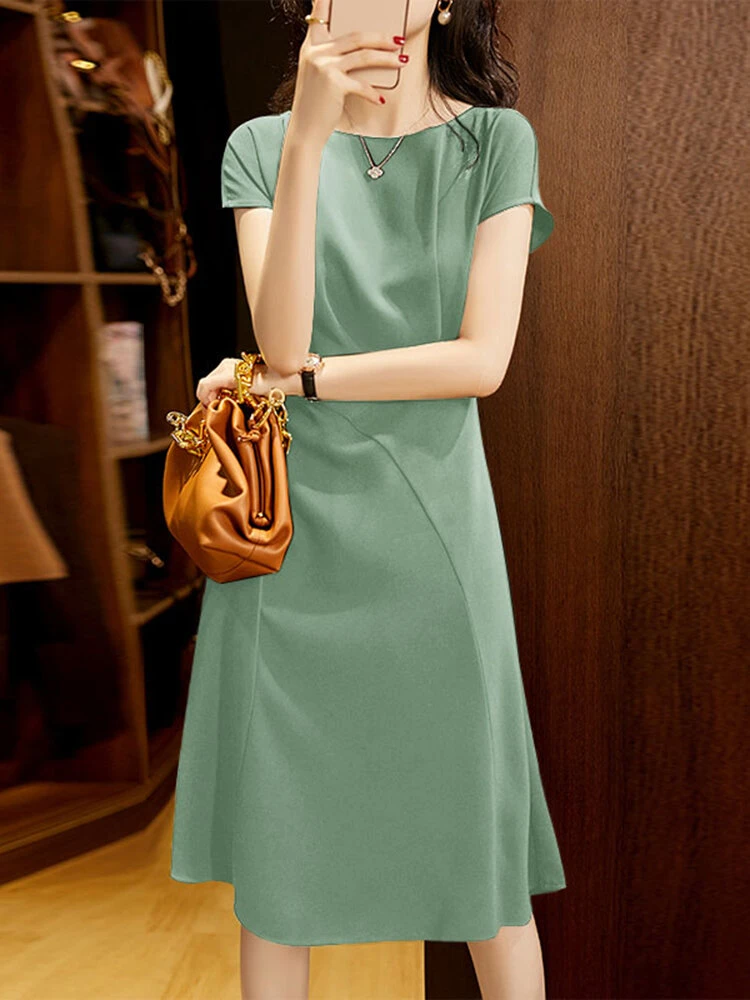 Solid Invisible Zip Side Short Sleeve Crew Neck Dress 3 Solid Invisible Zip Side Short Sleeve Crew Neck Dress - Image 3