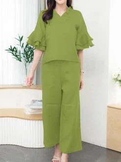 Women Solid Frill V-Neck Ruffle Sleeve Casual Co-ords 7 Women Solid Frill V-Neck Ruffle Sleeve Casual Co-ords -Zanzea Shop 17695157 17b8 4f47 a04e 6f3a6343156b