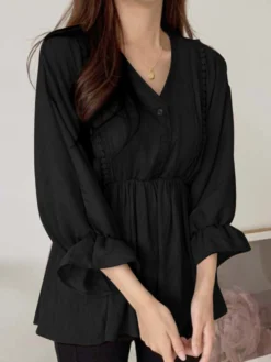 Lace Trim Puff Sleeve Ruffle V-neck Solid Blouse -Zanzea Shop 177a7887 1cbc 4ae4 a078 1295b396f8a5