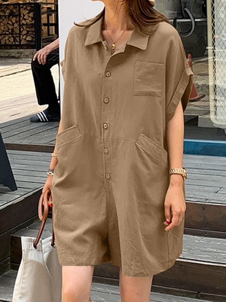 Solid Loose Pocket Button Lapel Short Sleeve Romper 9 Solid Loose Pocket Button Lapel Short Sleeve Romper - Image 9