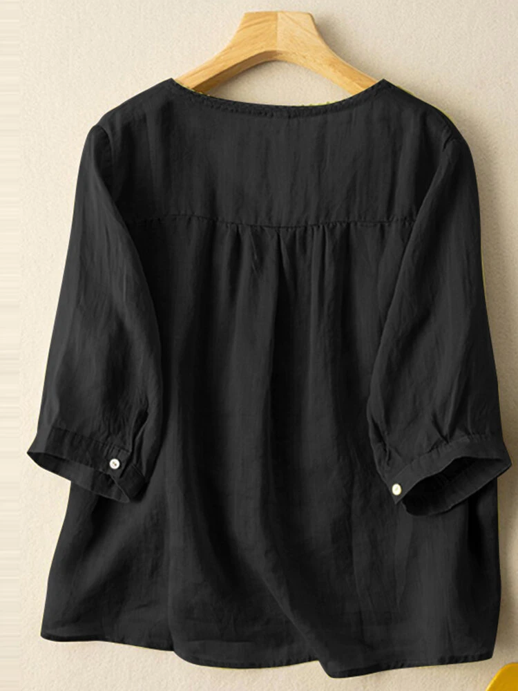 Women Lace Trim V-Neck Cotton Plain 3/4 Sleeve Blouse 8 Women Lace Trim V-Neck Cotton Plain 3/4 Sleeve Blouse - Image 8