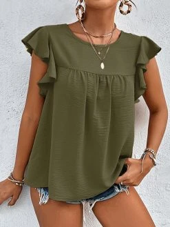 Women Solid Texture Crew Neck Ruffle Sleeveless Blouse -Zanzea Shop 1783ed6a 79a1 453c a9b7 44bd5021d2a1