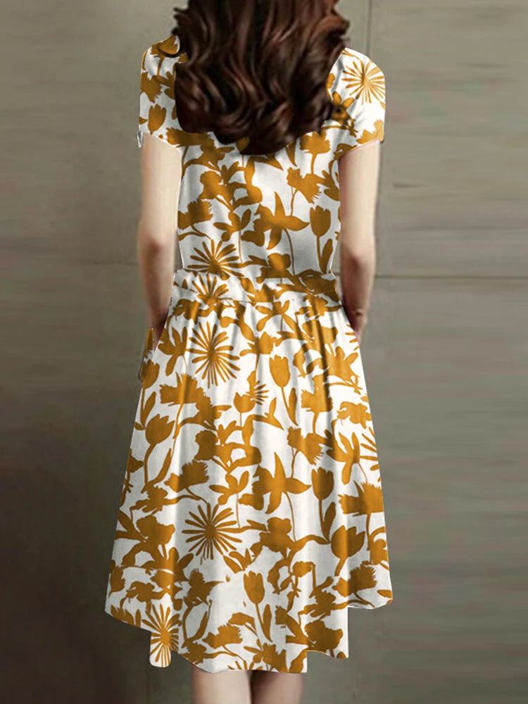 Flower Print Drawstring Pocket Short Sleeve Midi Dress 6 Flower Print Drawstring Pocket Short Sleeve Midi Dress - Image 6