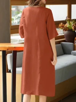 Solid Dual Pocket Half Sleeve Crew Neck Midi Dress -Zanzea Shop 179728a9 c005 4747 bd1f 21e9a3f2dd16