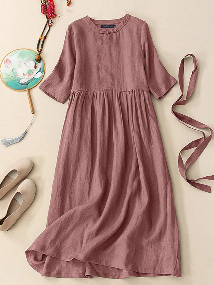 Solid Frog Button Half Sleeve Vintage Dress With Belt 7 Solid Frog Button Half Sleeve Vintage Dress With Belt - Image 7