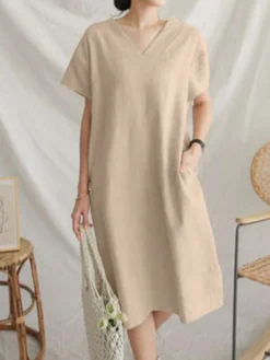 Cotton Solid Short Sleeve V Neck Casual Midi Dress -Zanzea Shop 17e56658 16ba 4f9c bd21 2eed189e2460