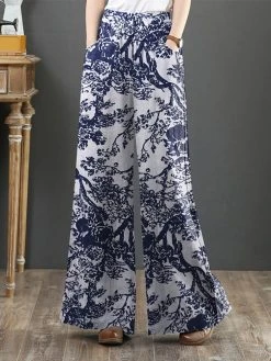 High Waist Plants Print Pocket Wide Leg Pants