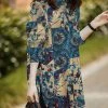 Flower Print Slit Hem Stand Collar Long Sleeve Blouse
