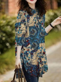 Flower Print Slit Hem Stand Collar Long Sleeve Blouse