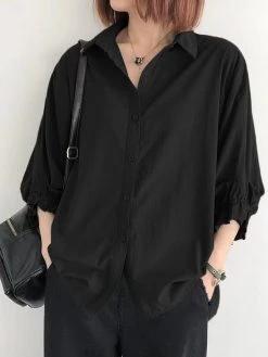 Solid Lapel 3/4/ Sleeve Button Front Casual Shirt -Zanzea Shop 1835ae07 c8d6 4f8c 9a8d 1c7f25b688c2