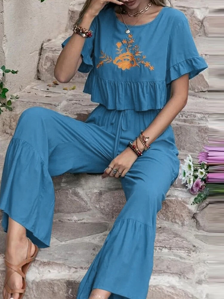 Embroidery Drawstring Waist Ruffle Wide Leg Two Pieces Suit 4 Embroidery Drawstring Waist Ruffle Wide Leg Two Pieces Suit - Image 4