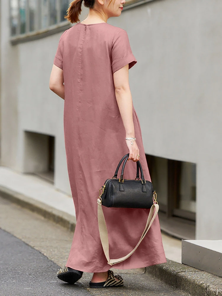 Solid Pocket Round Neck Short Sleeve Casual Cotton Maxi Dress 5 Solid Pocket Round Neck Short Sleeve Casual Cotton Maxi Dress - Image 5