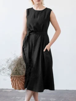 Solid Sleeveless Pocket Crew Neck Dress With Belt -Zanzea Shop 1866dbb9 19f3 4339 a35c c95b16b2b7c7