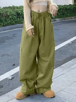 Women Solid Seam Detail Drawstring Waist Wide Leg Pants