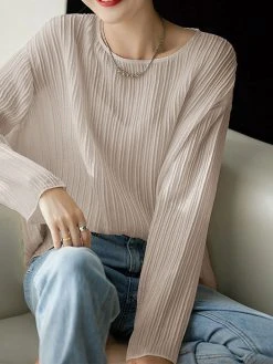 Solid Long Sleeve Pleated Crew Neck Casual T-shirt -Zanzea Shop 189571dc d06f 4b92 a549 b5738ad6b17c