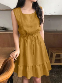 Solid Drawstring Waist Ruffle Hem Sleeveless Square Collar Dress -Zanzea Shop 1895bff2 20af 4d96 8ddf 51aaae07243c