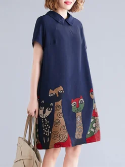 Cartoon Cat Print Short Sleeve Pocket Doll Collar Women Dress -Zanzea Shop 18b2b3b4 4c7c 4b6d 89dc 6444661243e5
