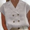 Women Solid Lapel Double Breasted Casual Sleeveless Shirt