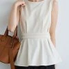 Women Solid Crew Neck Pleated Waist Sleeveless Tank Top